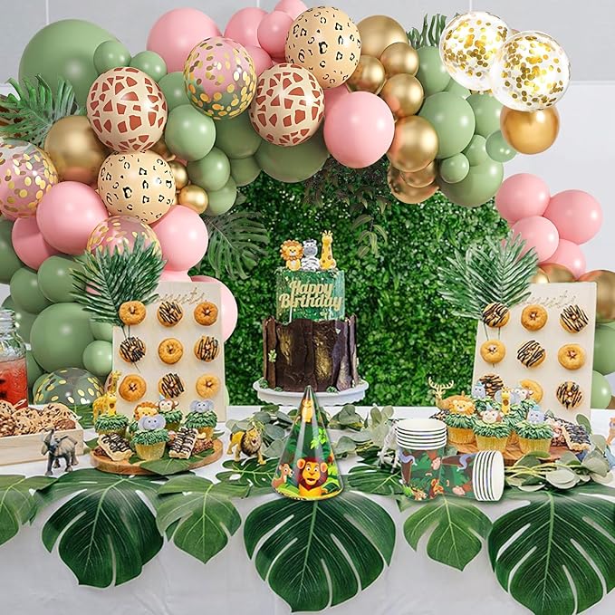 170Pcs Jungle Safari Balloons Garland Arch Kit Animal Printed Pink