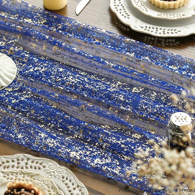 Mode 6PCS Blue Gold Gauze Table Runner 120 Inch 10FT, Glitter