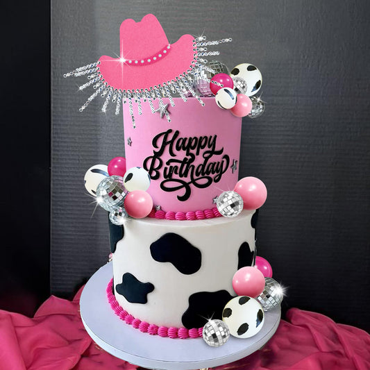 Cowgirl Cake Topper Hot Pink Cake Decoration Shiny Cowgirl Hat Disco