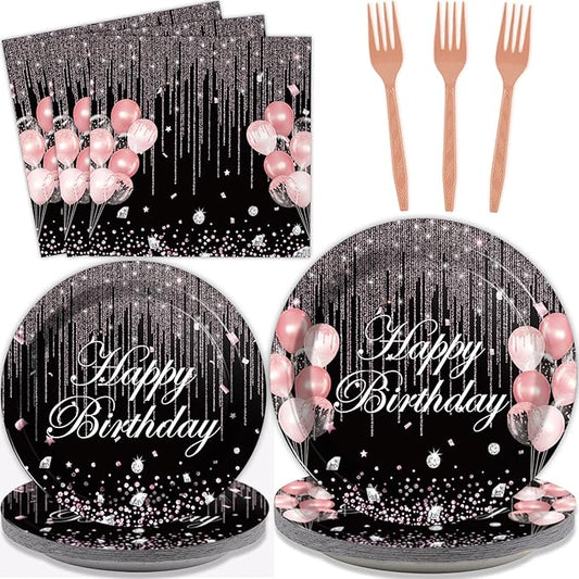 96 Pcs Black & Rose Gold Party Paper Plate and Napkins Pink Rose