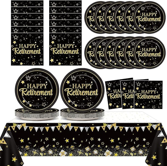 Happy Retirement Party Supplies Serves 24 Black and Gold Retirement