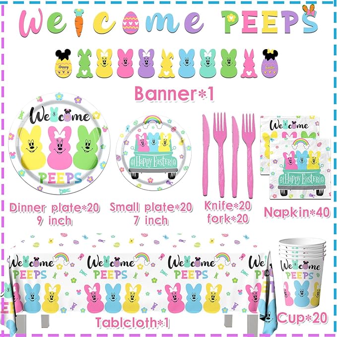 Welcome Bunny Tableware 142pcs Mouse Happy Easter Party Decoration