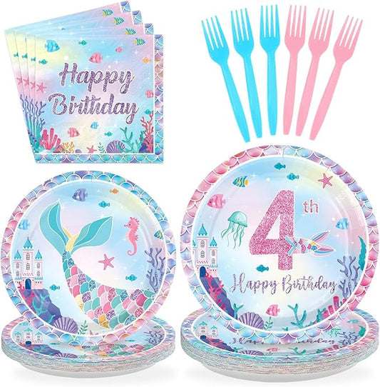 96Pcs 4th Mermaid Birthday Party Decorations Castle Mermaid 4th