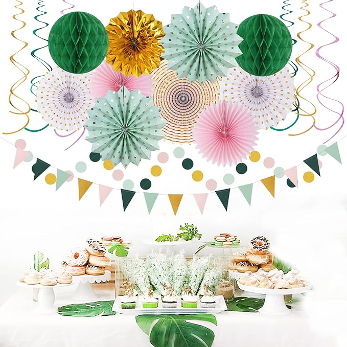 Sage Green Pink Gold Party Decorations 33pcs Kits Tissue Pom Poms