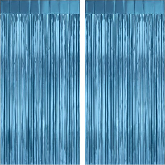2 Pack Lake Blue Foil Fringe Curtains Tinsel Backdrop, 3.2Ft x 8.2Ft