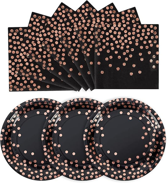 Black and Rose Gold Paper Plates and Napkins-200 Pack - Paper Plates