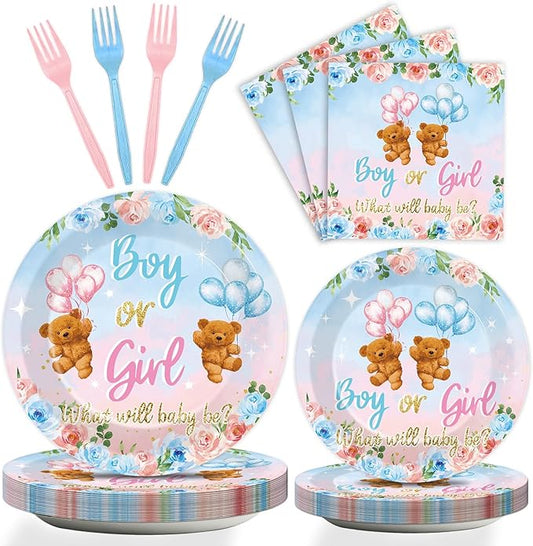 96 Pieces Bear Gender Reveal Theme Tableware Set for Gender Reveal