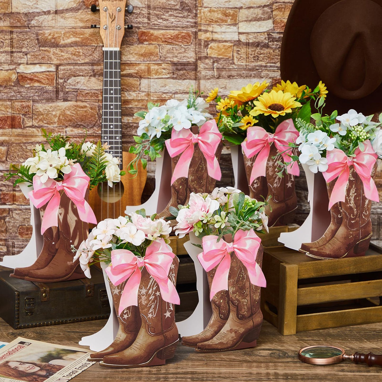 Memorywuu 12 Set Brown Western Cowboy Bow Boots Flower Boxes