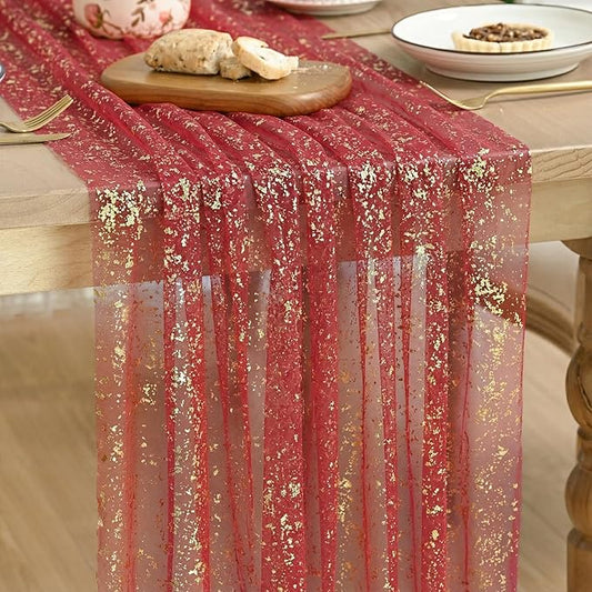 Artoid Mode Red Gold Gauze Table Runner 59x120 Inch 10FT, Glitter