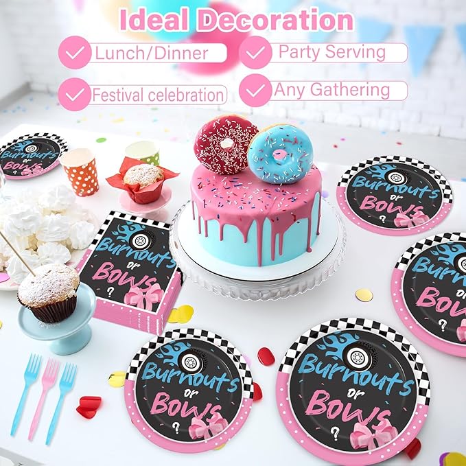 50 Guests Burnouts or Bows Gender Reveal Plates and Napkins Party