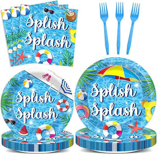 Splish Splash 96Pcs Bash Tableware Set Pool Party Plates Napkins