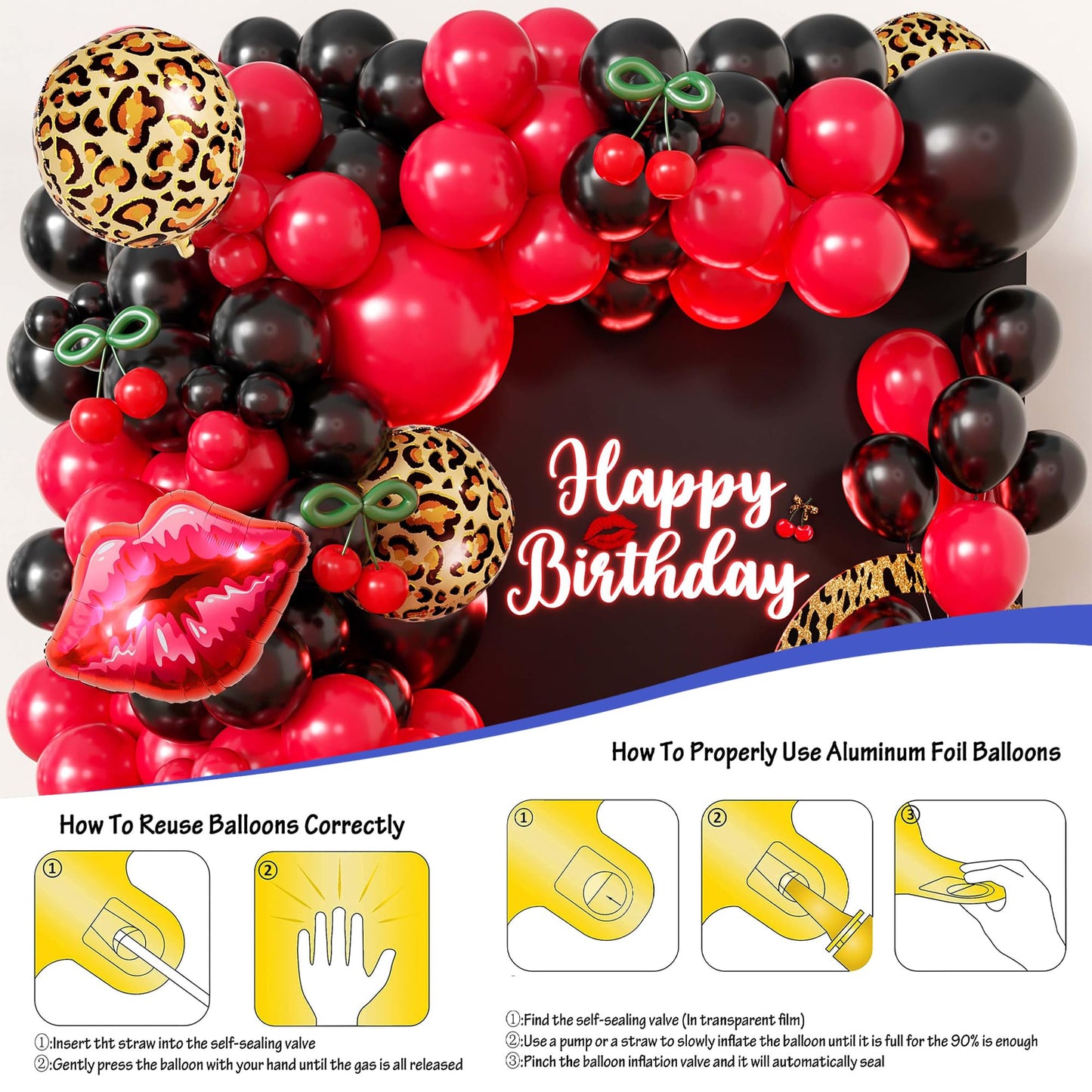 110pcs Red and Black Balloon Garland Arch Kit with 3 Cheetah Leopard