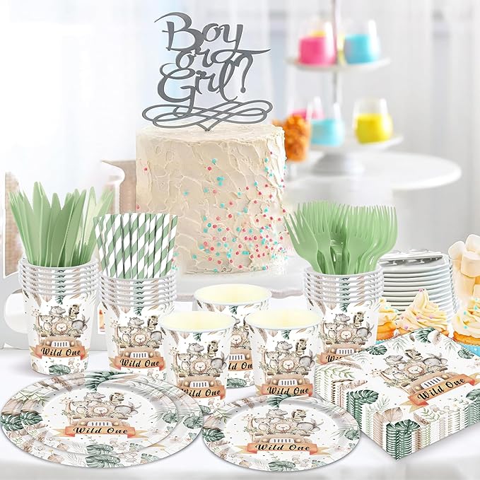 168PCS Wild One Party Supplies for Boys Girls Kids Jungle Animals