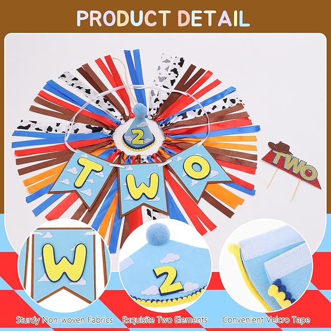 Cartoon Toy Highchair Banner for 2nd Birthday Party Decorations Two