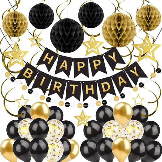ZERODECO Black Gold Birthday Decorations, Easy to Assemble Happy