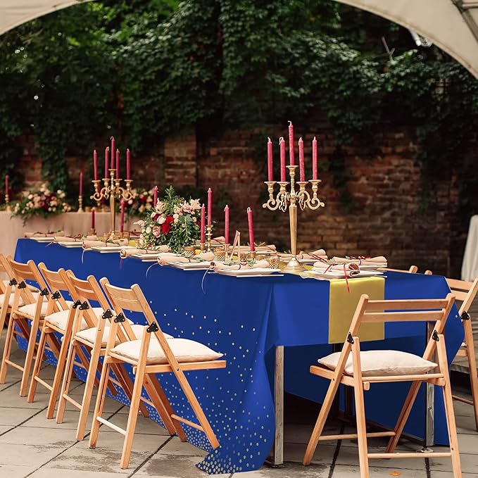 12Pack Disposable Plastic Tablecloths and Satin Table Runner Set Blue