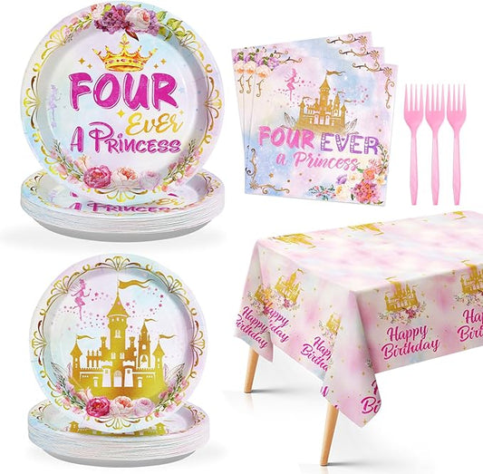 98 Pcs Princess Birthday Party Supplies Four Ever a Princess Plates