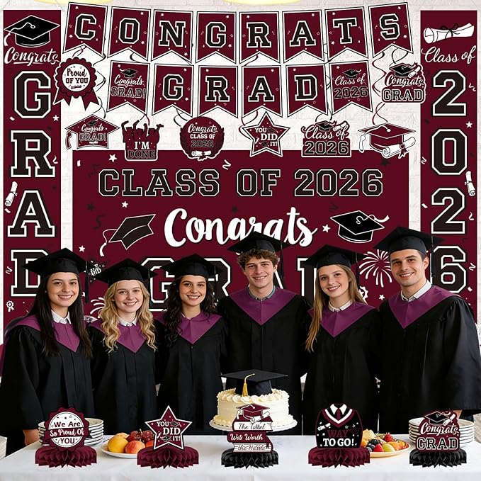 Maroon Themed Graduation Decorations Class of 2026 Congrats Grad