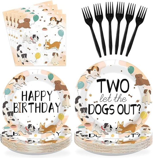 96Pcs Dog Theme 2nd Birthday Party Supplies puppy paw print Plates