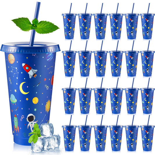 Chuangdi 24 Pcs Space Party Plastic Cups with Lid and Straw 24 oz