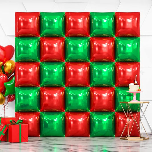 25PCS Christmas Balloons Red Green Square Foil Balloon Wall Backdrop
