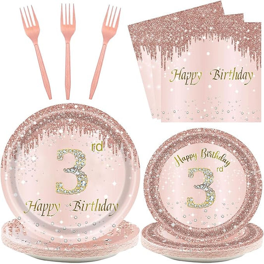 24 Sets 3rd Rose Gold Birthday Party Decrations for Girls 3 Birthday