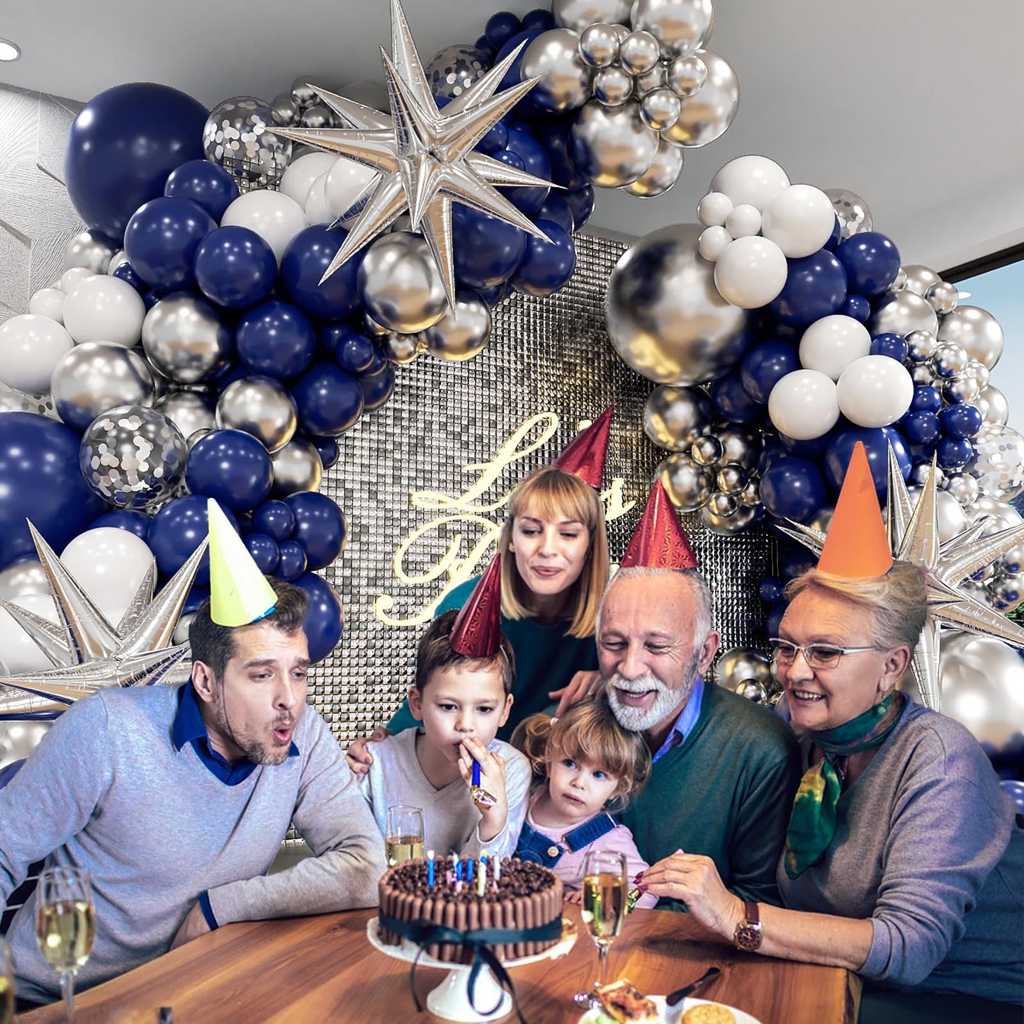 130pcs Navy Blue and Silver Balloon Garland Arch Kit with 3pcs Silver