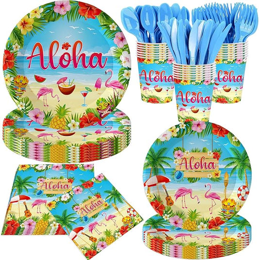 140Pcs Hawaiian Aloha Party Supplies Tableware Set Luau Tropical