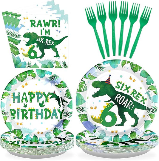 96 Pcs Dinosaur 6th Birthday Decorations Dino Plates and Napkins 6