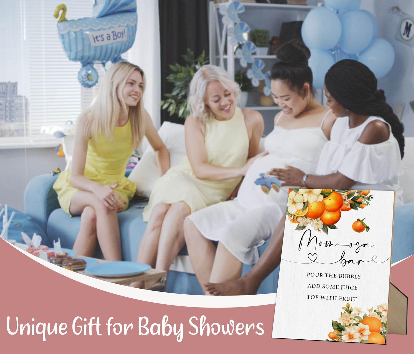 Mom-osa Bar Baby Shower Sign, Orange Citrus Gender Neutral Tabletop