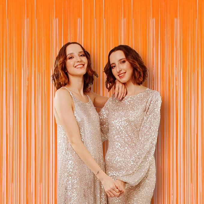 Voircoloria 2 Pack Orange Foil Fringe Backdrop Curtains, Tinsel