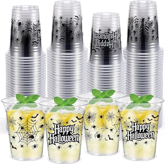 50 Pcs Halloween Cups 12 oz Spider Plastic Cups Clear Happy