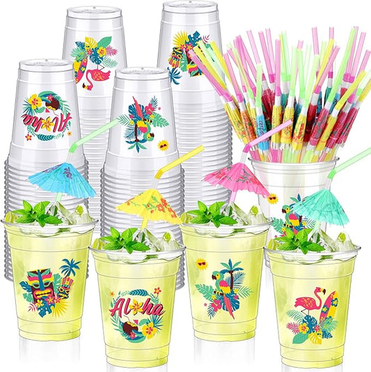 100 Set Hawaiian Luau Party Cups with Umbrella Straws 12 oz Tiki