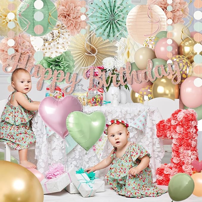 Sage-Green Blush-Pink Birthday Decorations for Women Girls, Cream