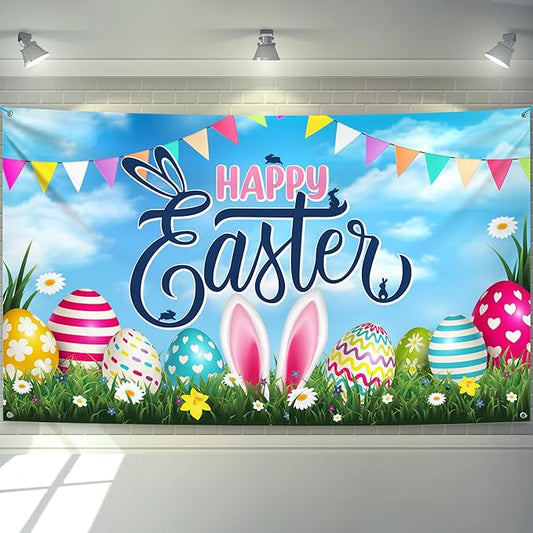 Large Happy Easter Banner 72x44 Inch Colorful Easter Eggs & Bunny