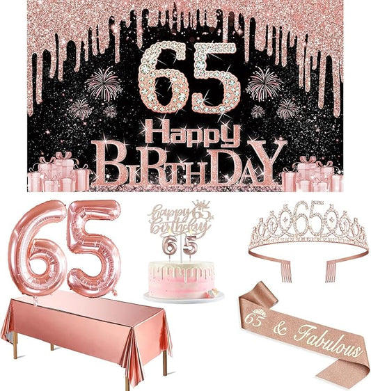 65th Birthday Decorations for Women with Banner Rose Gold Tablecloth
