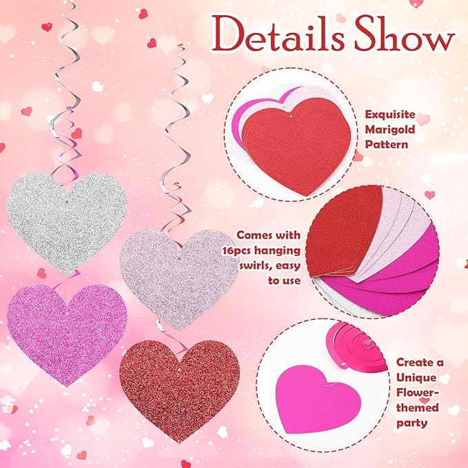 32 Pcs Valentines Party Decorations Pink Red Heart Hanging Swirls