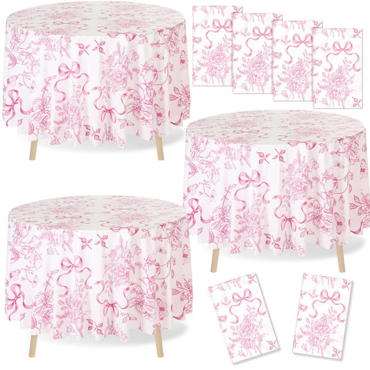 Ganeen 12 Pcs Pink Floral Bow Plastic Tablecloth Flower Round Vintage