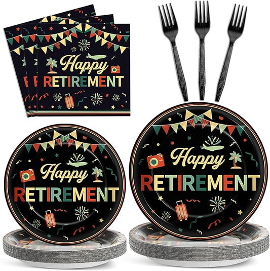 96 PCS Retirement Party Paper Plates Napkins Colorful Vintage