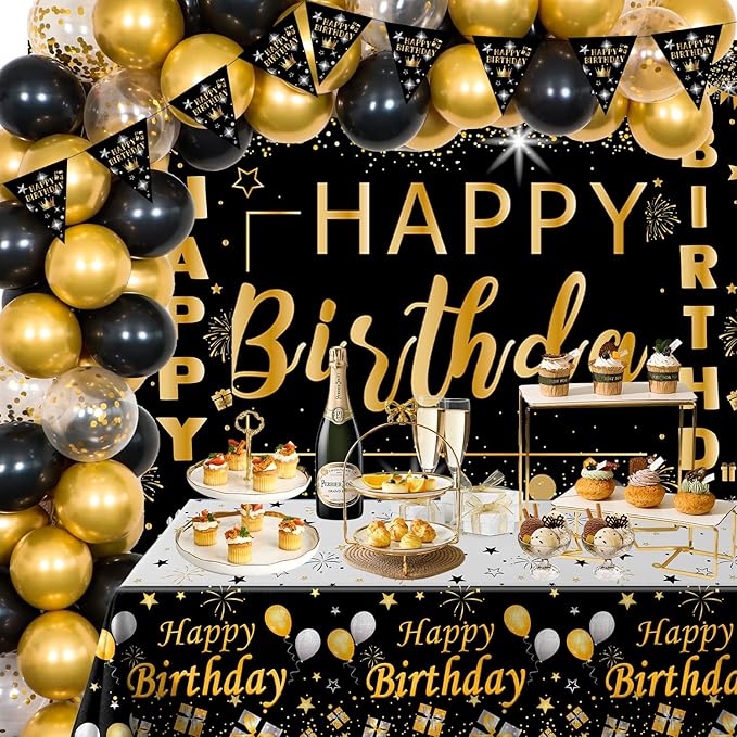 Black and Gold Birthday Decorations for Men Women 37pcs Black and