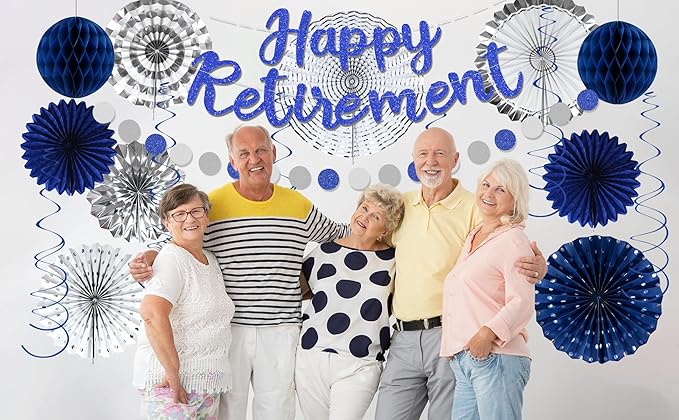 Blue Retirement Party Decorations for Men Women Silver Blue 19pc