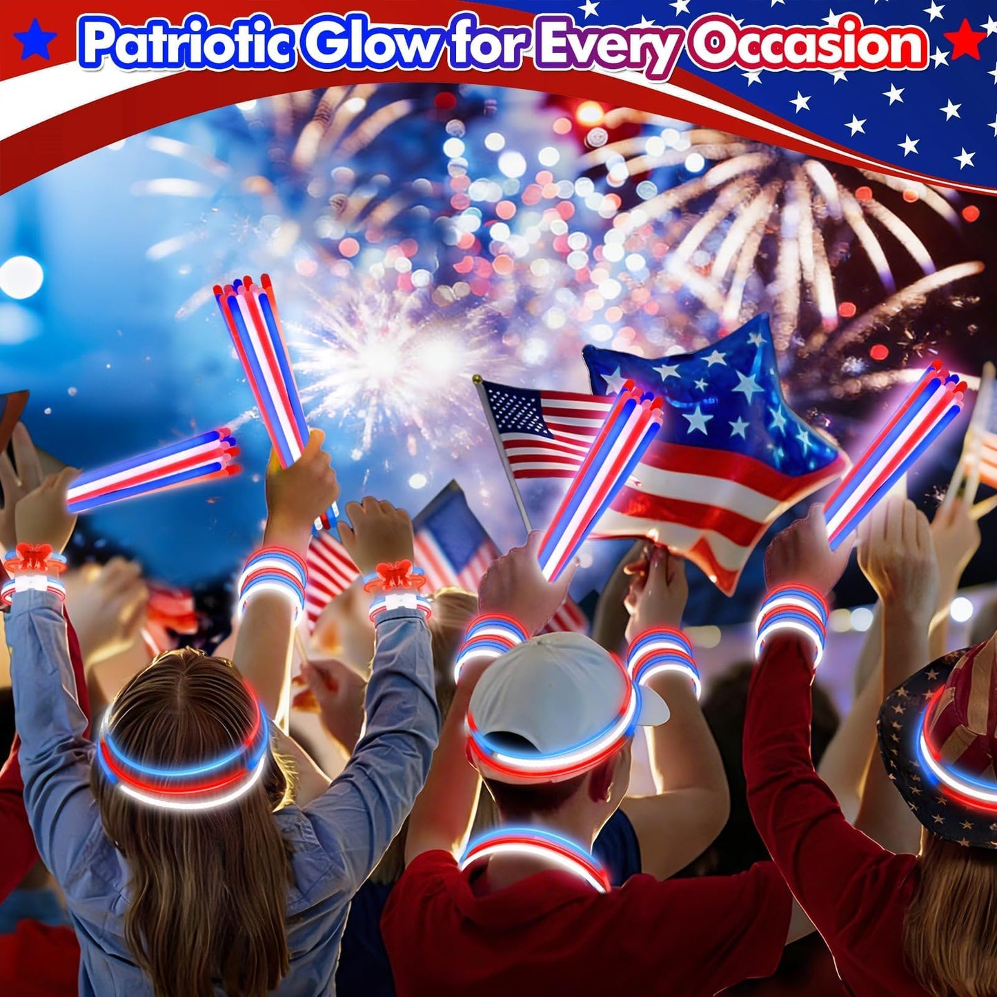 BUDI 467Pcs 4th of July Accessories Glow Sticks: Red White Blue Glow