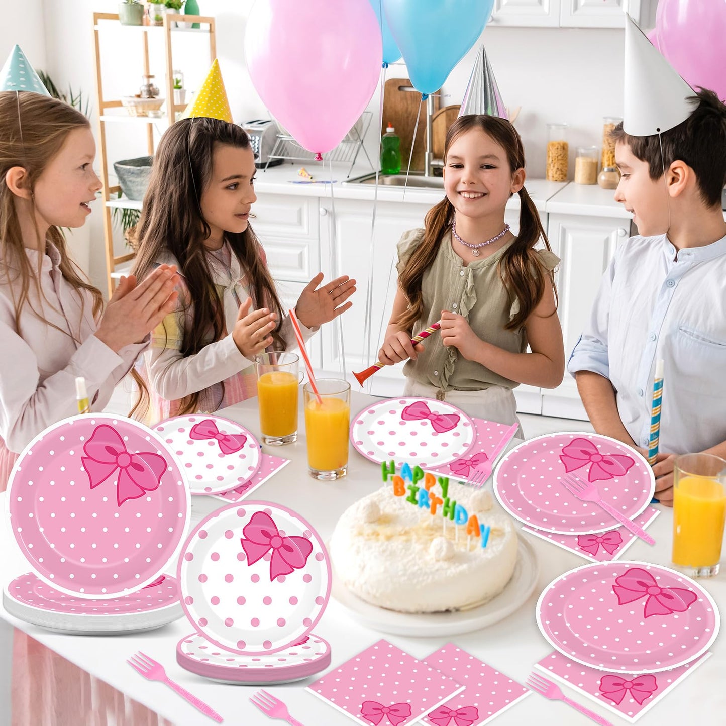 96Pcs Pink Cat Paper Plates and Napkins Cute Cats Bow Theme Birthday