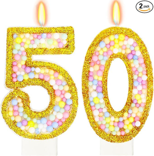 50th Birthday Candle for Women/Men, Golden Macaron Numeral Candles,