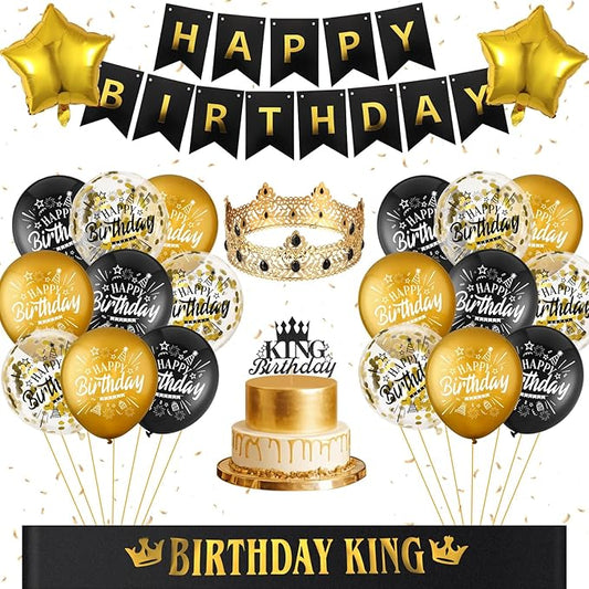 24PCS Black Gold Birthday Decorations - Gold Foil Balloons, Star
