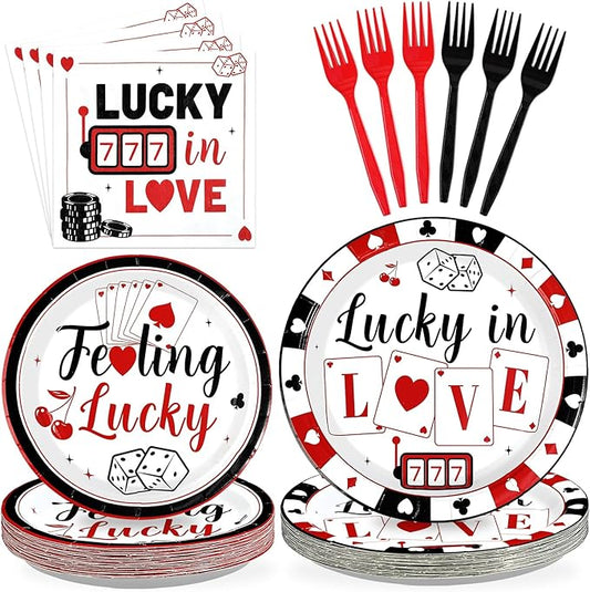 96 Pcs Casino Party Decorations Lucky In Love Plates and Napkins