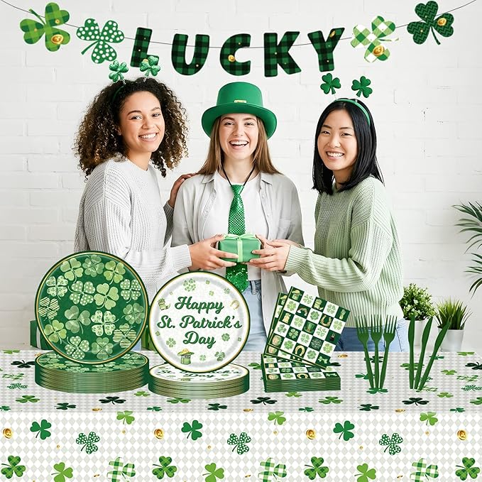 102 Pcs St Patrick's Day Paper Plates and Napkins Green Shamrock