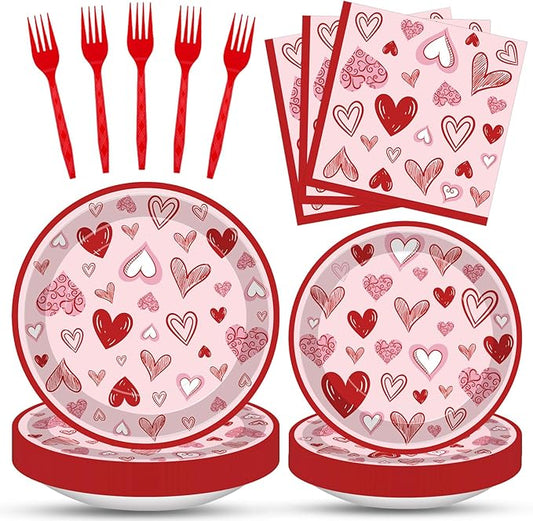 100 Pcs Valentine's Day Heart Tableware Party Supplies Set Serves 25