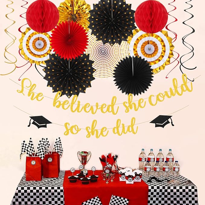 Red Black Gold Party Decorations Graduation Banner Streamers 18pcs