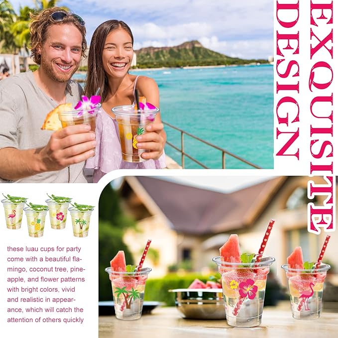 100 Pack 12 oz Clear Disposable Luau Cups Hawaiian Flamingo